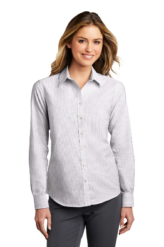 Port Authority Womens SuperPro Wrinkle Resistant Long Sleeve Button Down Shirt - Gusty Grey/White - Closeout