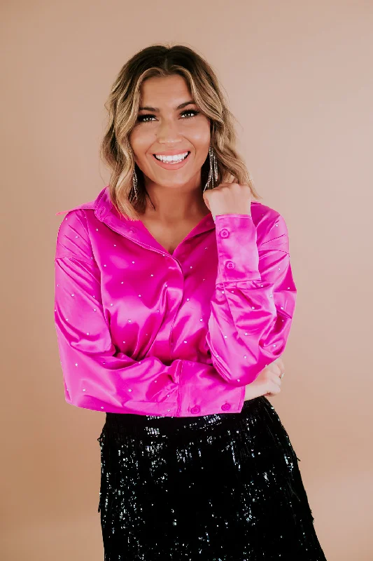 Get to Glam Satin Rhinestone Top, Hot Pink