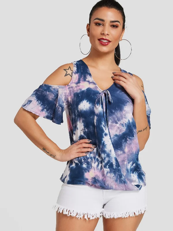 Discount Mania OEM ODM Cold Shoulder Self-Tie Short Sleeve Blue T-Shirts