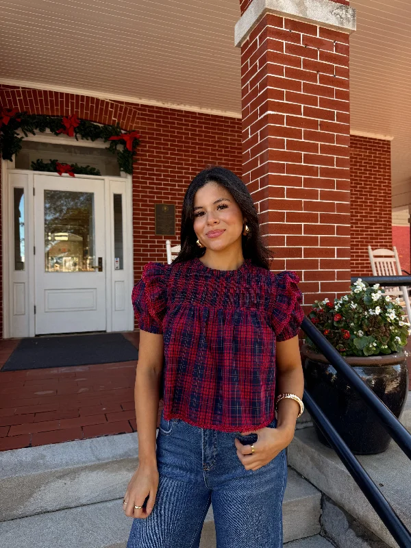 Red & Navy Plaid Top