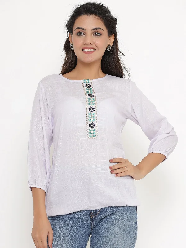 Overstock Clearance Embroidered Solid Elasticated Top - Pale Blue