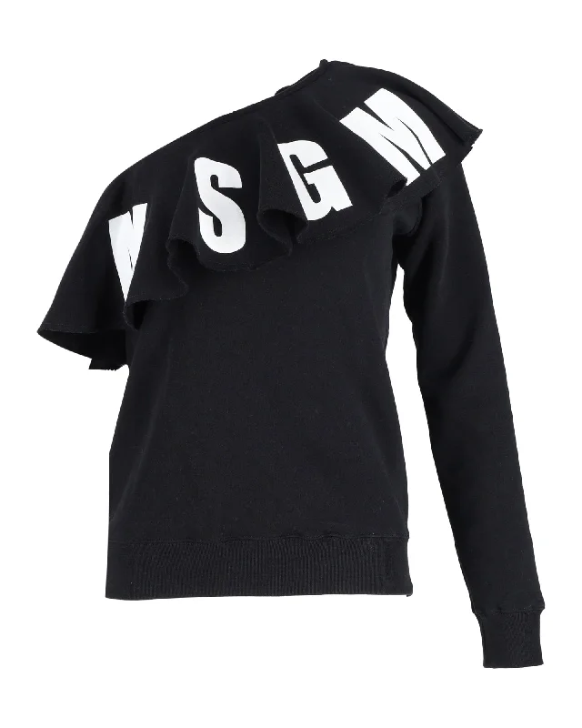 Weekend Bargains Galore MSGM Logo Print One-Shoulder Ruffled Sweatshirt in Black Cotton