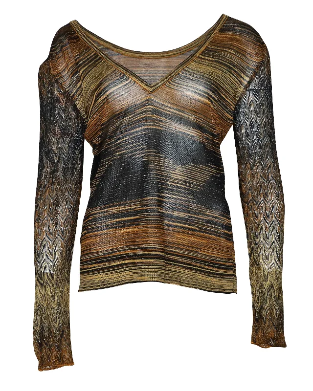 Weekend Offers That Shine Missoni V Neck Metallic Sweater in Brown Rayon