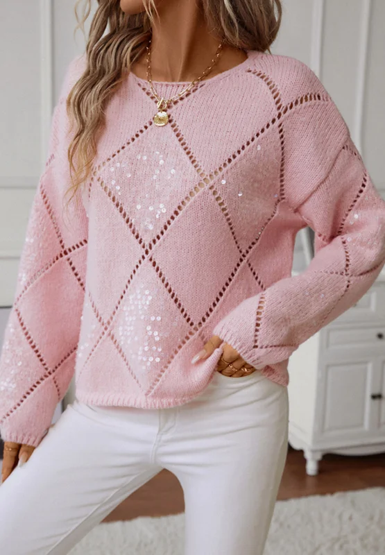 Time-Limited Offer Openwork Sequin Round Neck Long Sleeve Sweater