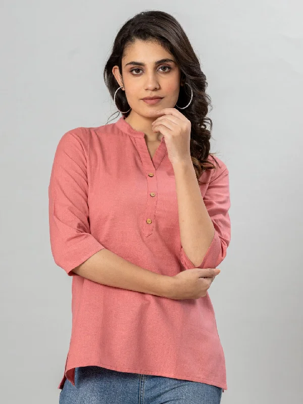 Great Deal Solid Cotton Flax Women Top - Peach