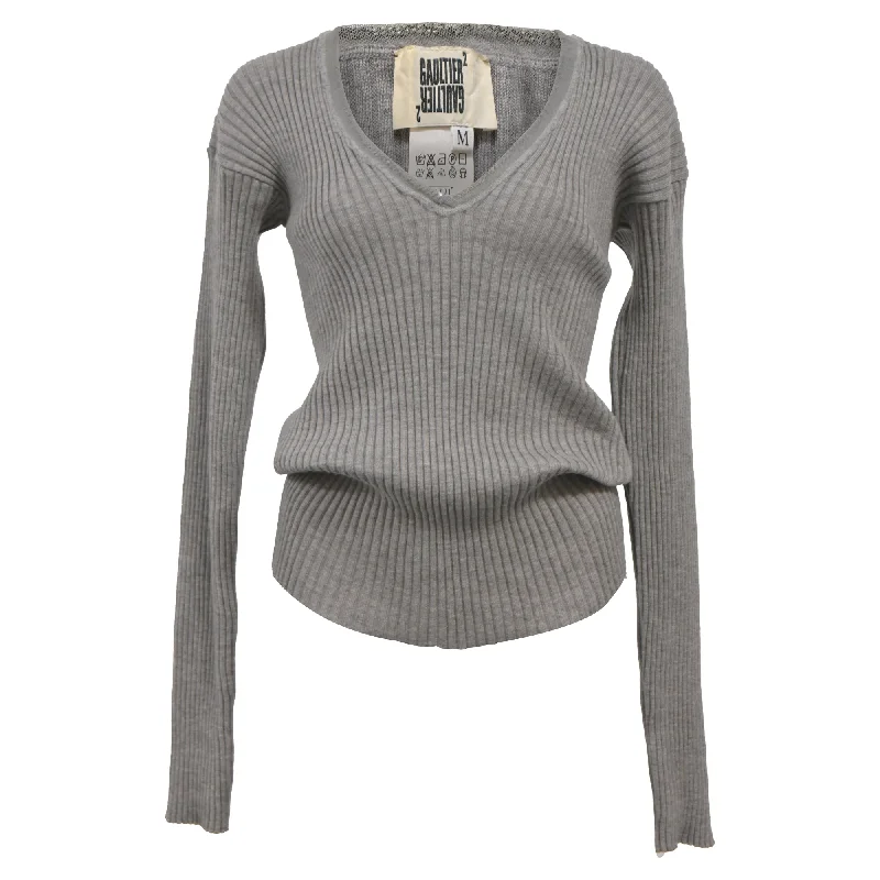 Weekend Discounts to Grab Jean Paul Gaultier Ribbed Knit V-Neck Sweater in Grey Wool