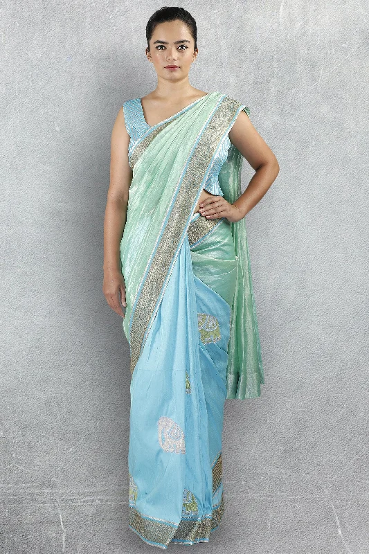 Sea Blue Organza and Raw Silk Saree