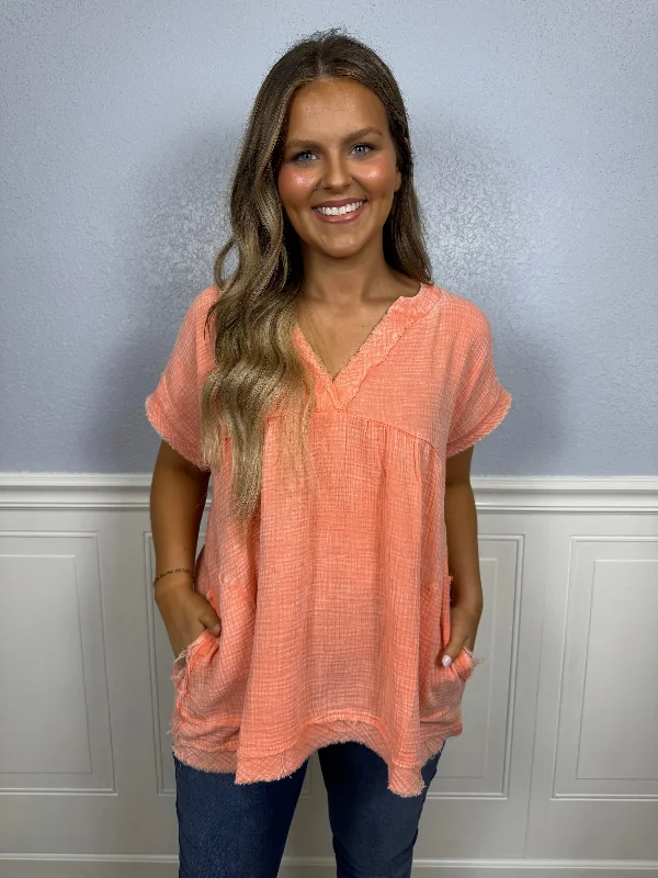 Stock Clearance Coral mineral wash pocket shirt