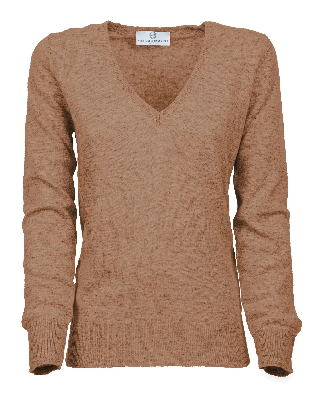 NEW FALL 24 - Women's Pure Cashmere V-Neck Sweater Camel by Monticelli Cashmere