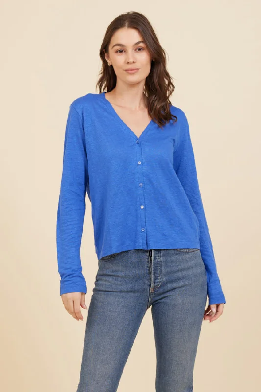 Weekend Bargains to Relish Stretch Linen V-Neck Cardigan in Mediterranean