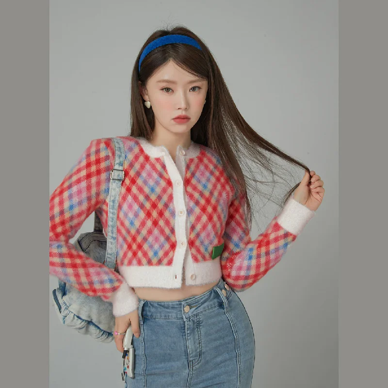 Flash Deal Smiley Argyle Cropped Knit Cardigan