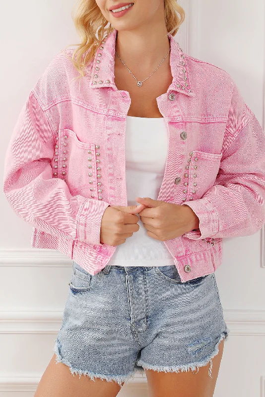 Pink Rivet Studded Pocketed Pink Denim Jacket