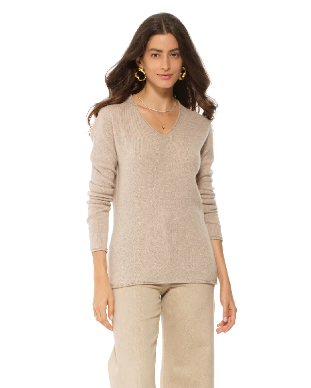Savings Galore Women's Ultra-Light Cashmere V-Neck Sweater Beige by Monticelli Cashmere