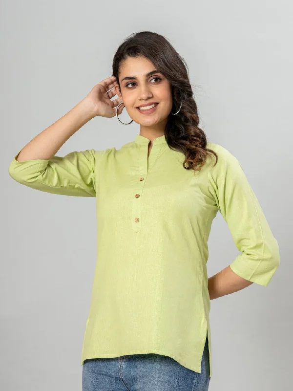 Weekend Discounts to Delight Solid Cotton Flax Women Top - Pista Green
