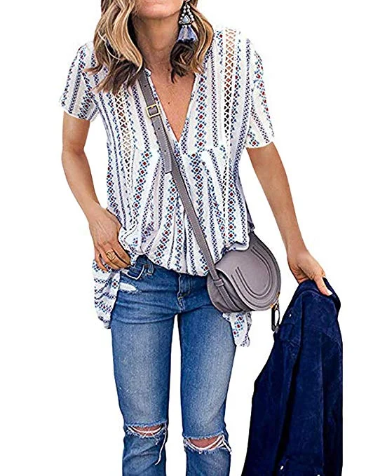 V Neck Hollow Out Floral Print Shirt Tops Long Blouse Tee