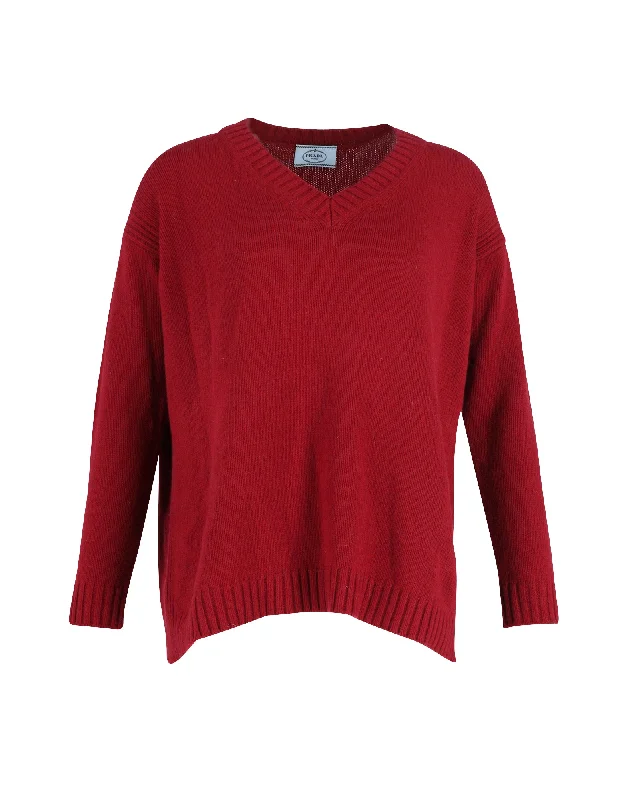 Your Weekend, Your Savings Prada Elbow Patch V-neck Sweater in Burgundy Wool
