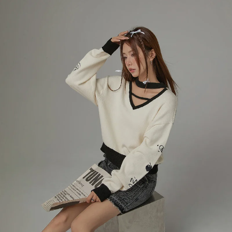 Color Combination Striped Icon Knit Top