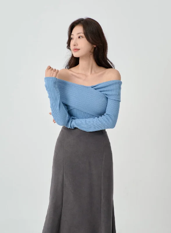 Final Clearance Off-Shoulder Cross Knit Long Sleeve T-Shirt IN07