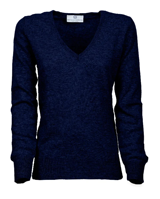 NEW FALL 24 - Women's Pure Cashmere V-Neck Sweater Melange Blue by Monticelli Cashmere