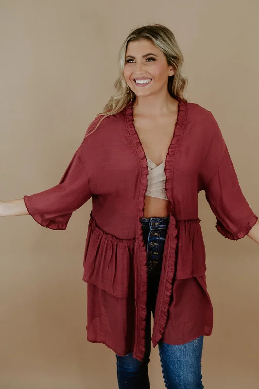 Raven Ruffle Kimono, brick Red