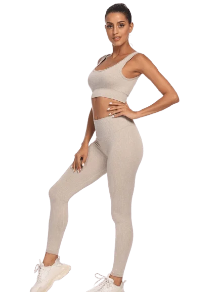 LIGHT KHAKI SEAMLESS SPORTS SET - 2 PIECE BRA & LEGGINGS