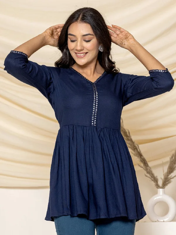 Super Bargain Solid Embroidered Peplum Top - Navy