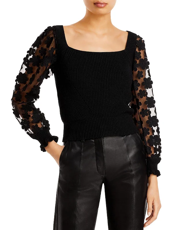 Cash Savings Juliet Womens Applique Sheer Crop Sweater