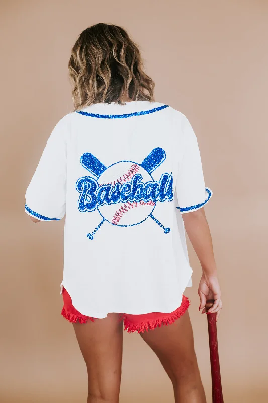 Sequin Embroidered Baseball Jersey Top, White