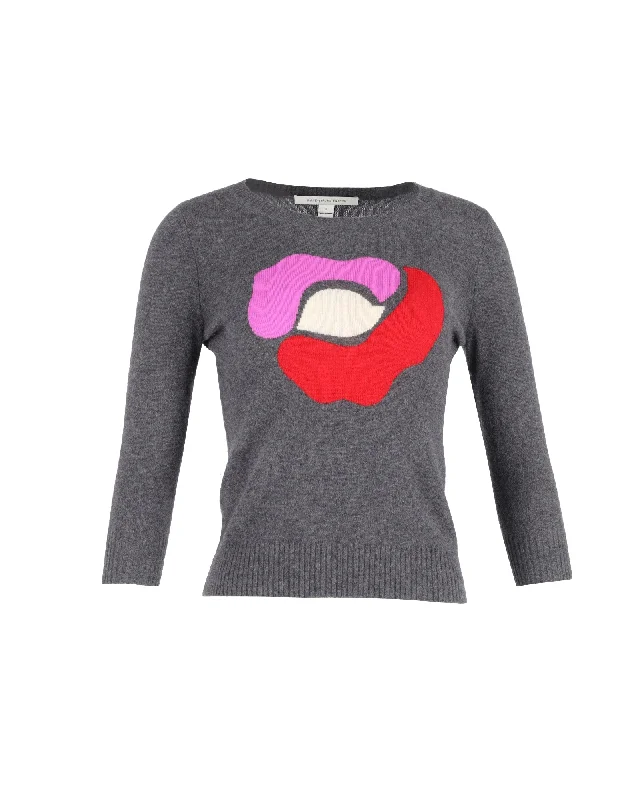Weekend Specials to Indulge In Diane Von Furstenberg Floral Intarsia Sweater in Grey Cashmere