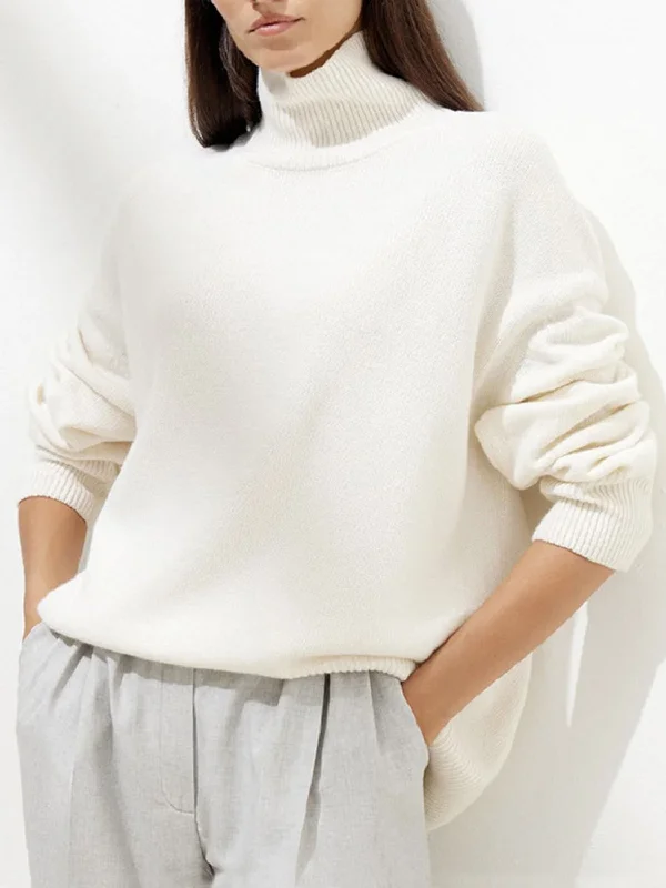 Super Deal Ribbed Detail Turtleneck Dropped Shoulder Sweater