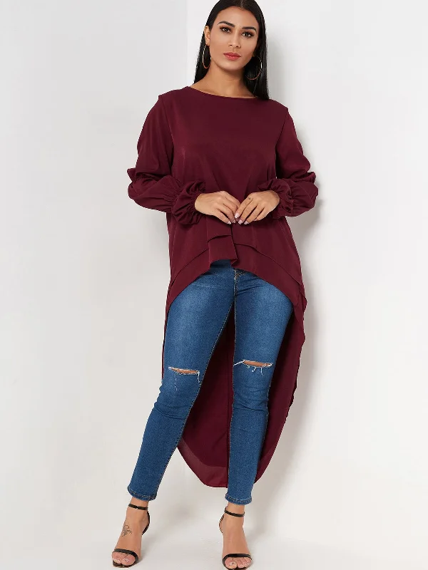 Custom Round Neck Plain Tiered Long Sleeve Burgundy T-Shirts