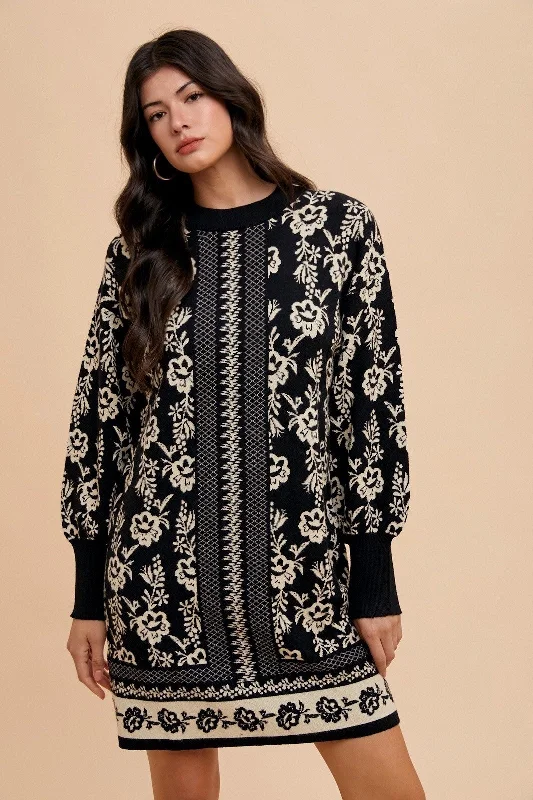 Weekend Offers You Can't Ignore Annie Wear Floral Jacquard Round Neck Sweater Dress
