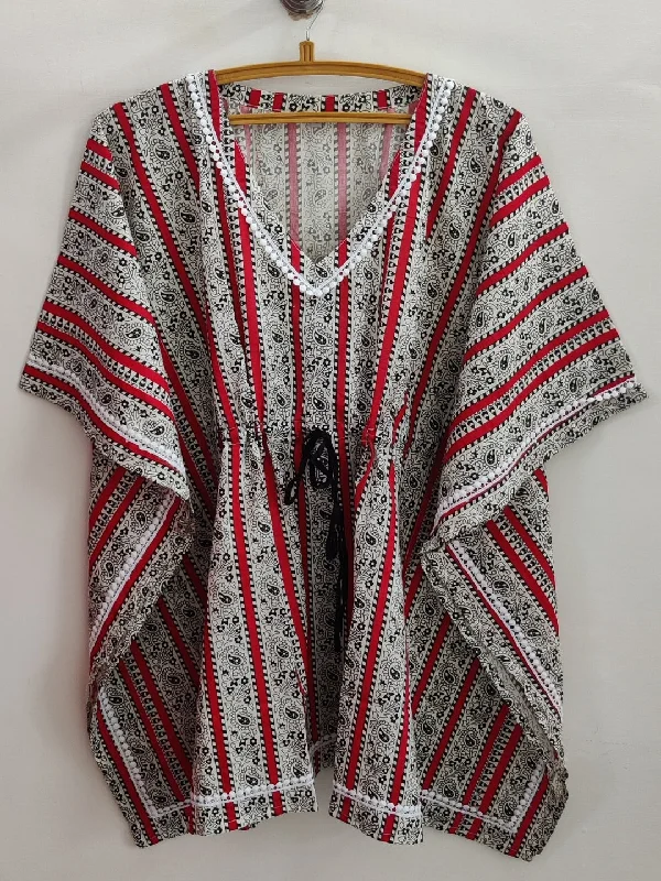 Unbeatable Deal Pure Cotton Stripes Printed Kaftan Top - Red