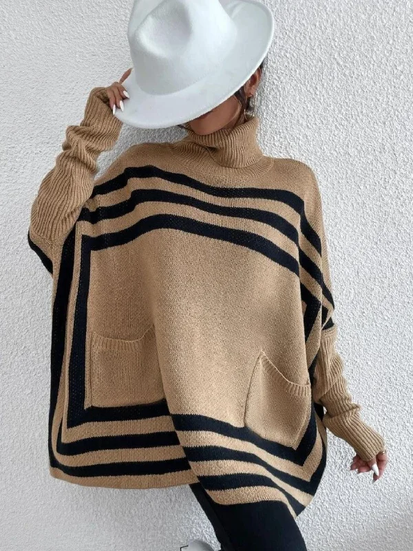 Best Seller Striped Turtleneck Batwing Sleeve Sweater with Pockets