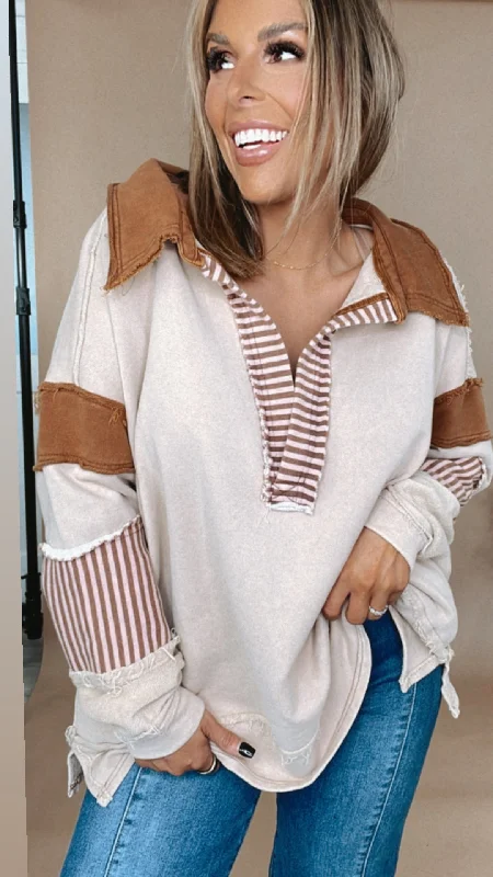 The Best Prices Day To Day Distressed Oversized Collared Sweatshirt, Taupe