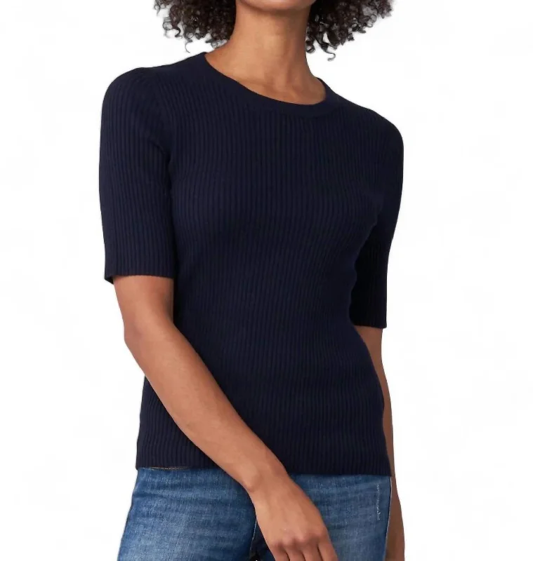 Weekend Specials to Indulge In Short Sleeve Fine Rib Crew Sweater In Navy