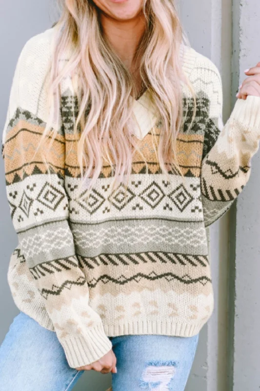 Online Deal Geometric V-Neck Dropped Shoulder Sweater