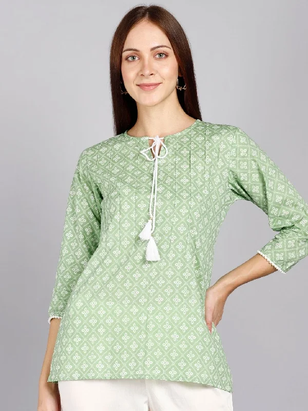 Instant Deal Printed Pure Cotton Pintucks Top - Green