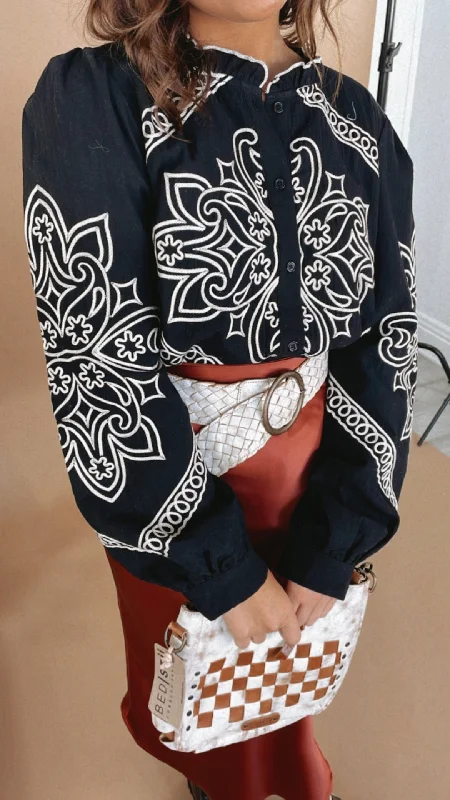 Weekend Discounts to Snag Sundance Ruffle Embroidered Button Up Top, Black
