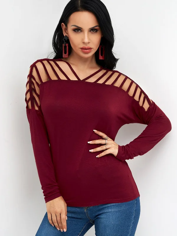 Custom Plain Cut Out Long Sleeve Burgundy T-Shirts