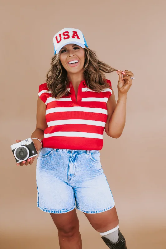 Striped Sleeveless Tank, Red