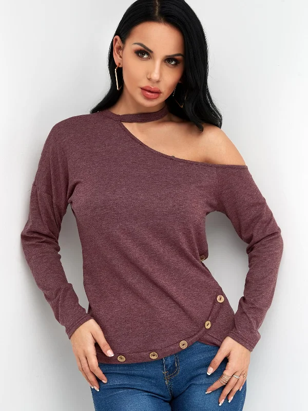 Weekend Offers That Shine Custom Halter One Shoulder Plain Cut Out Slit Long Sleeve Irregular Hem Burgundy T-Shirts Weekend Offers That Shine Custom Halter One Shoulder Plain Cut Out Slit Long Sleeve Irregular Hem Burgundy T-Shirts