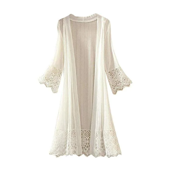 Women Long Sleeve Lace Kimono Cardigan Top Blouse T-Shirt