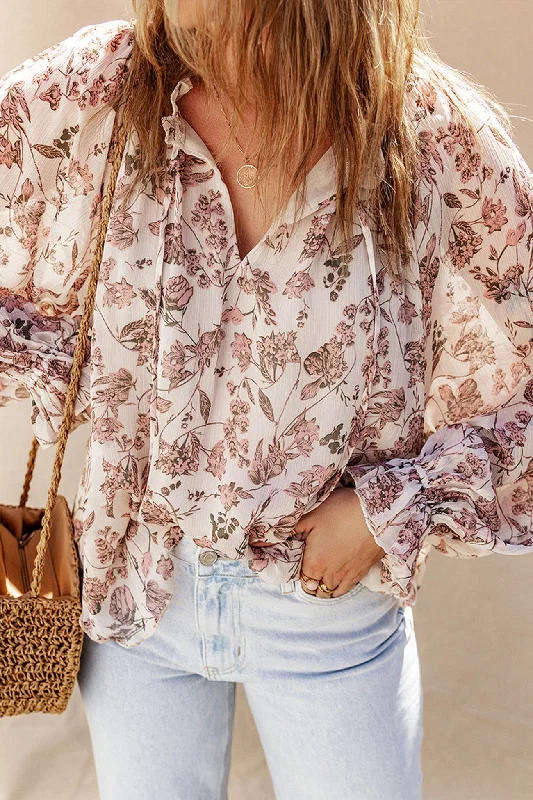 Floral Print V-neck Strap Long Sleeve Blouse