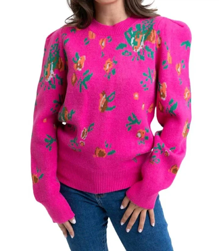 Weekend Offers That Delight Floral Puff Sleeve Sweater In Pink