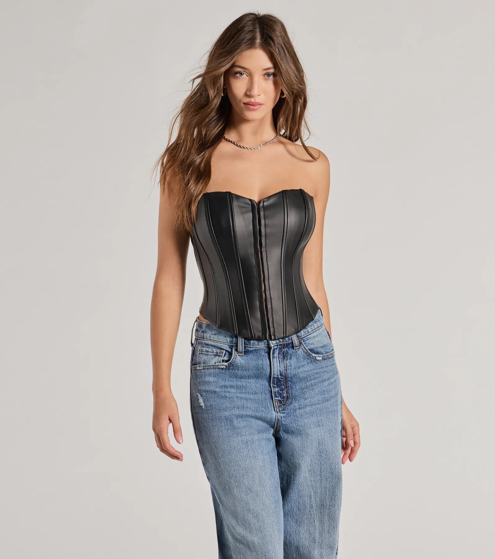 Weekend Specials to Grab Level Up Sleek Faux Leather Strapless Corset Top