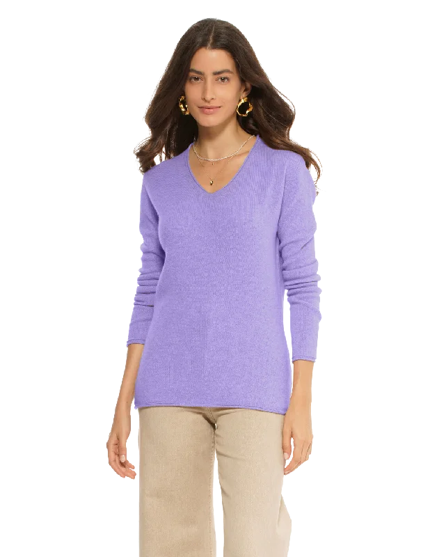 Women's Ultra-Light Cashmere V-Neck Sweater Lavender by Monticelli Cashmere