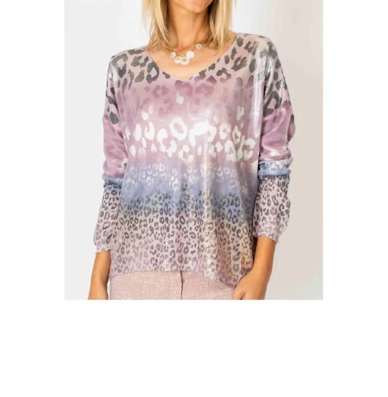 Unbeatable Deal Shimmer V Neck Cheetah Print Sweater In Old Pink