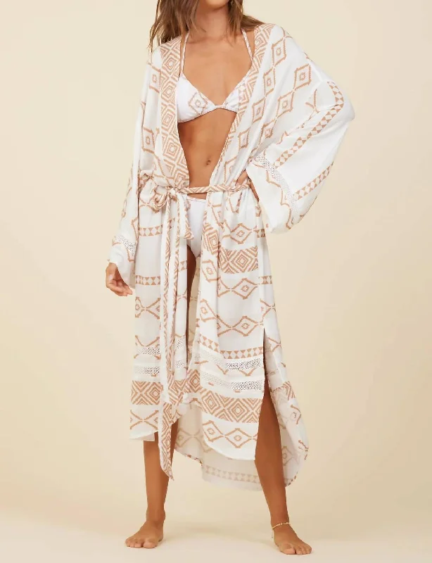 Top Pick Tribal Print Rayon Crepe Kimono In Caramel Island