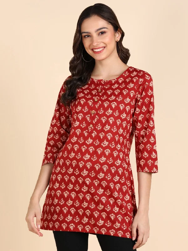 Weekend Offers That Dazzle Pure Cotton Floral Printed Top - Red